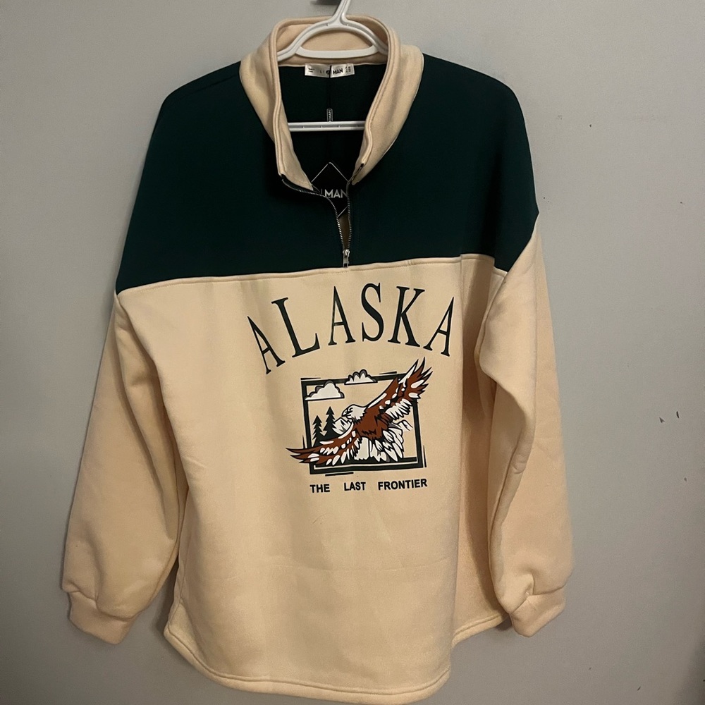 Streetwear Vintage ALASKA Graphic Eagle Printed Colorblock Fleece Quarter Zip